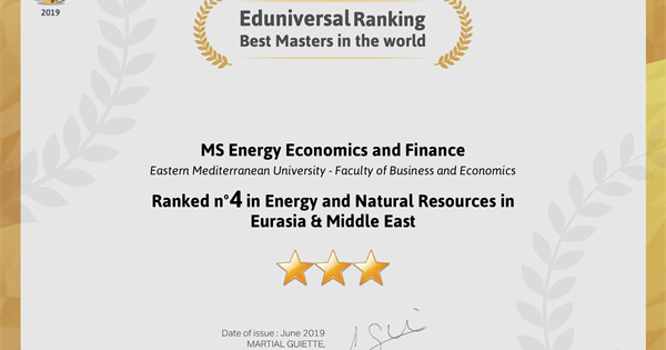 MS program in Energy Economics and Finance Ranked n’4 in Energy and Natural resources in Eurasia and Middle East.