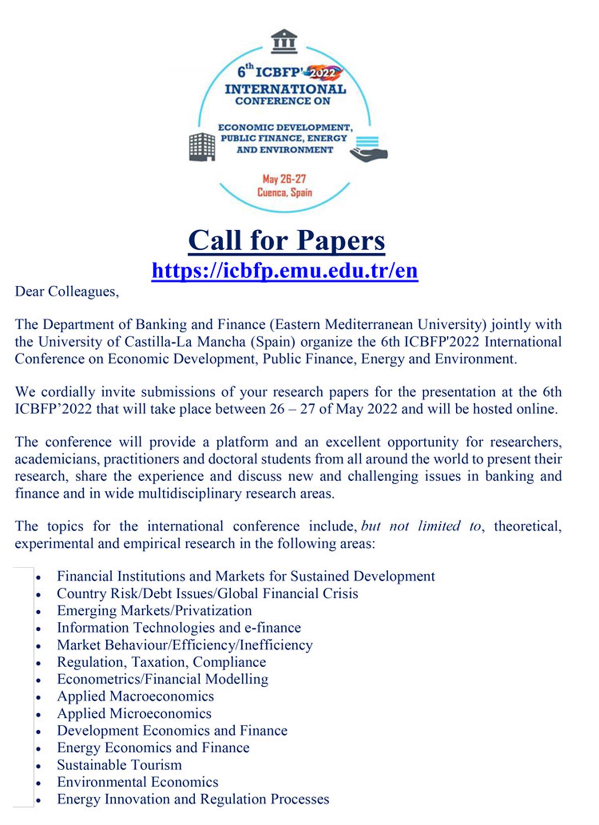 Call for Papers - 6th ICBFP 2022, Department of Banking Finance 