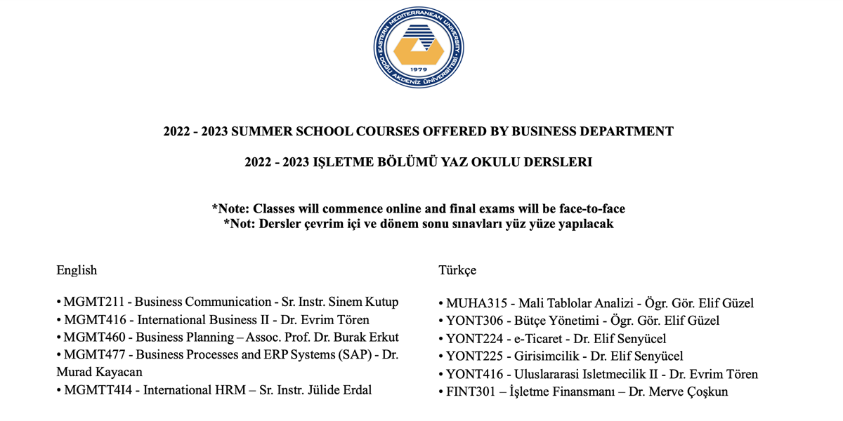 Summer School Courses Offered by Business Administration Department
